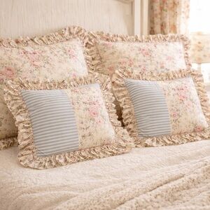 PILLOW SHAMS & ACCENT PILLOW COVERS | Yellow & Blue Patchwork Stripe Floral